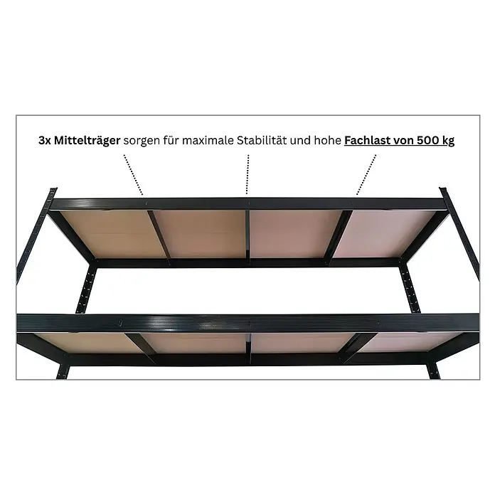 Proregal Schwerlastregal HERCULES - H x B x T: 200 x 200 x 60 cm, Traglast pro Boden: 500 kg, Anzahl Böden: 4 Stk., Stecken, Schwarz - Schwarzes Metallregal mit drei Mittelträgern pro Boden und hellbraunen Einlegeböden, belastbar bis 500 kg.