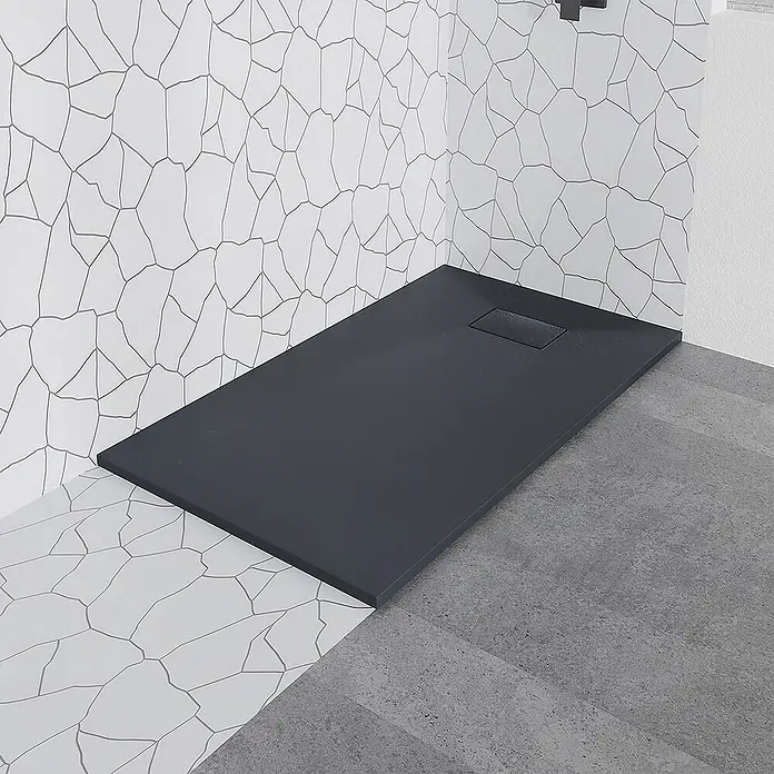 Bad Land Duschwannen-Set KETIL+VIDAR Walk-In Set 100x195 + 100x80 cm Schwarz - Kunststoff, Schwarz - Dunkelgraue Duschwanne mit integriertem Abfluss.