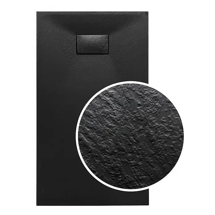 Bad Land Duschwannen-Set KETIL+VIDAR Walk-In Set 100x195 + 100x80 cm Schwarz - Kunststoff, Schwarz - Schwarze strukturierte Duschwanne mit rechteckigem Abfluss und Nahaufnahme ihrer rauen Steinoptik-Oberfläche.