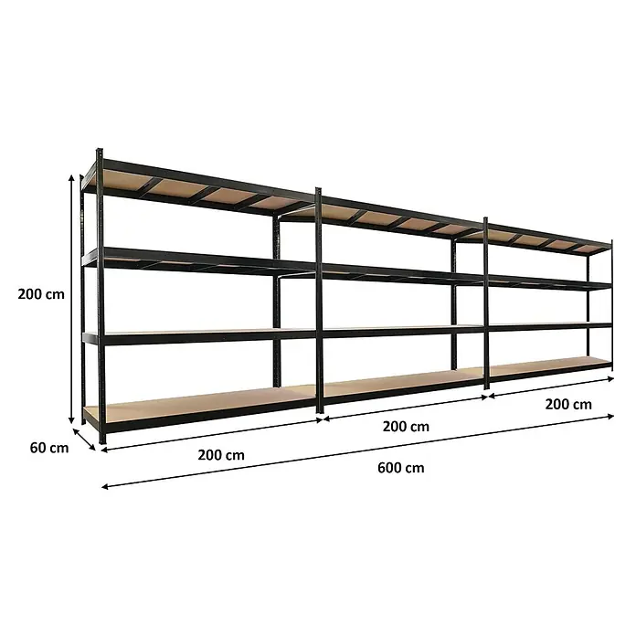 Proregal Schwerlastregal Mega Deal 3x HERCULES - H x B x T: 200 x 200 x 60 cm, Traglast pro Boden: 500 kg, Anzahl Böden: 4 Stk., Stecken, Schwarz - Schwarzes Metallregal mit Holzablagen, 200 cm hoch, 60 cm tief, 600 cm lang.