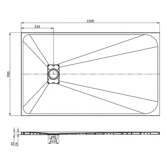 Bad Land Duschwanne - L x B: 150 x 90 cm, Kunststoff, Schwartz - Technische Zeichnung einer 1500x900 mm Rechteck-Duschwanne mit Ablauf (Ø90mm) und geringer Bauhöhe (32mm).
