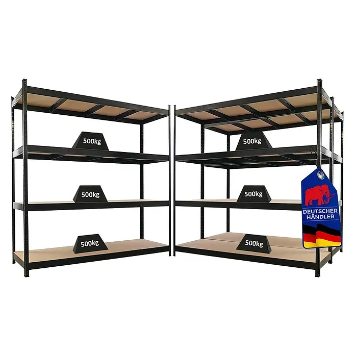 Proregal Schwerlastregal Mega Deal 3x HERCULES - H x B x T: 200 x 200 x 60 cm, Traglast pro Boden: 500 kg, Anzahl Böden: 4 Stk., Stecken, Schwarz - Zwei schwarze Schwerlastregale mit hellen Holzablagen, jede Ablage für 500kg ausgelegt.
