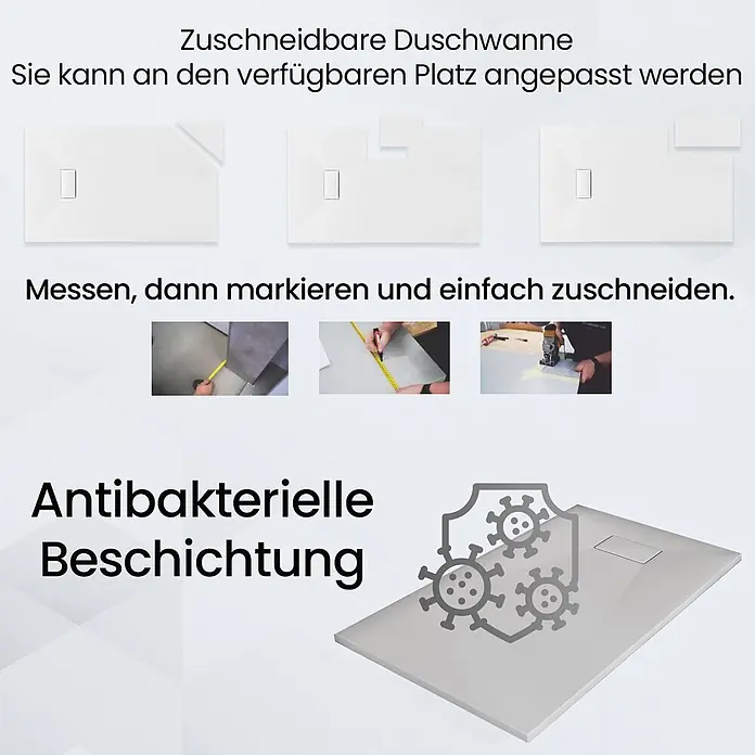 Bad Land Duschwanne VIDAR Duschwanne rechteckig 140x90x3,2 cm Weiß, mit Ablaufgarnitur - Kunststoff, Weiß - Zuschneidbare, weiße Duschwanne mit antibakterieller Beschichtung, die an den Raum angepasst werden kann.