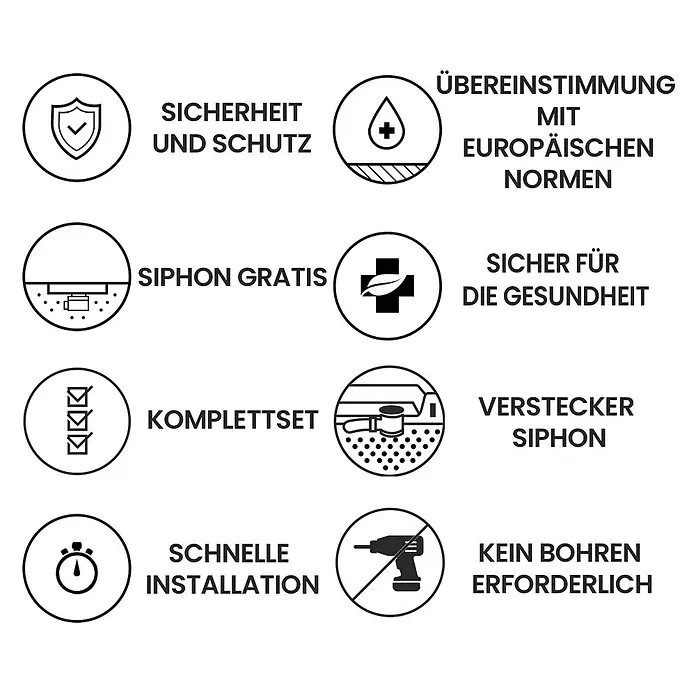 Bad Land Duschwanne VIDAR Duschwanne rechteckig 140x90x3,2 cm Weiß, mit Ablaufgarnitur - Kunststoff, Weiß - Infografik mit Symbolen und Text, die zentrale Produktmerkmale und Vorteile darstellt.