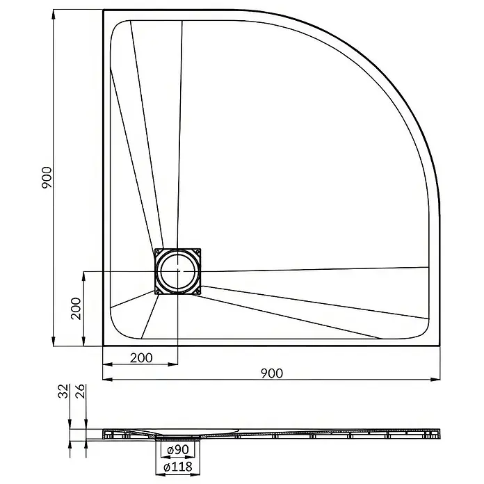 Bad Land Duschwanne - L x B: 90 x 90 cm, Kunststoff, Schwartz - Technische Zeichnung einer weißen Viertelkreis-Duschwanne, 900x900mm, mit niedrigem 32mm Profil und zentralem Ablauf.
