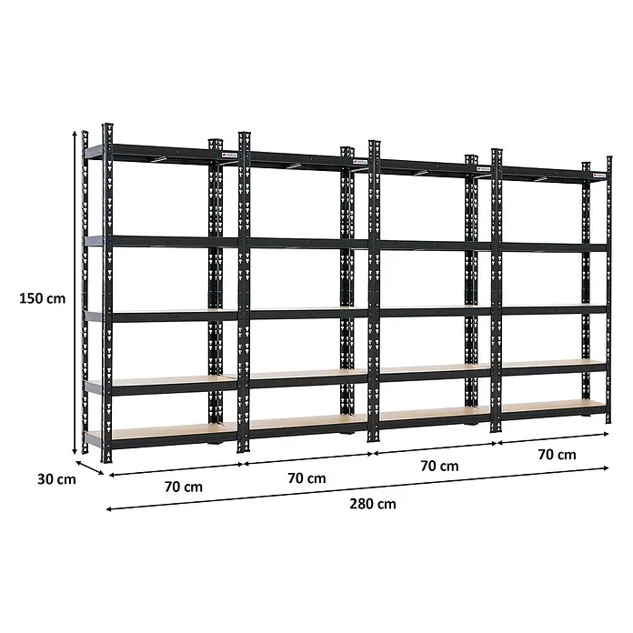 Proregal Schwerlastregal Mega Deal 4x HERMES - H x B x T: 150 x 70 x 60 cm, Traglast pro Boden: 175 kg, Anzahl Böden: 5 Stk., Stecken, Schwarz - Schwarzes Metallregal mit Holzregalböden, 150 cm H x 30 cm T x 280 cm B. Vier Sektionen für Lagerung.