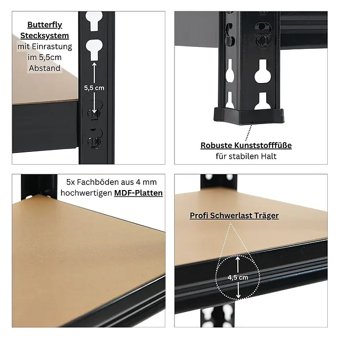 Proregal Schwerlastregal Mega Deal 4x HERMES - H x B x T: 150 x 70 x 60 cm, Traglast pro Boden: 175 kg, Anzahl Böden: 5 Stk., Stecken, Schwarz - Schwarzes Schwerlastregal mit verstellbarem 5,5cm Stecksystem, robusten Kunststofffüßen, 4mm MDF-Böden und 4,5cm Trägern.