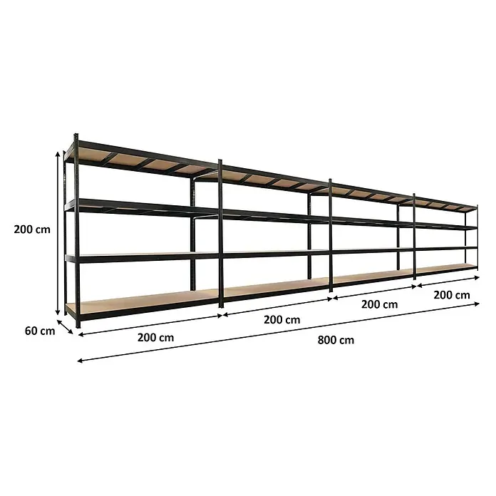 Proregal Schwerlastregal Mega Deal 4x HERCULES - H x B x T: 200 x 200 x 60 cm, Traglast pro Boden: 500 kg, Anzahl Böden: 4 Stk., Stecken, Schwarz - Langes, schwarzes Metallregal mit hellen Holzablagen, 800 cm lang, 200 cm hoch, 60 cm tief.