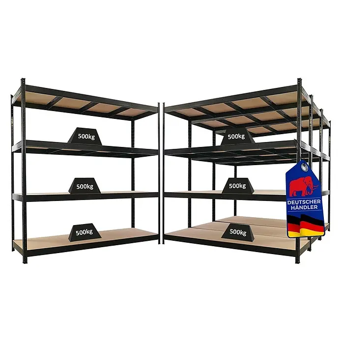 Proregal Schwerlastregal Mega Deal 4x HERCULES - H x B x T: 200 x 200 x 60 cm, Traglast pro Boden: 500 kg, Anzahl Böden: 4 Stk., Stecken, Schwarz - Zwei schwarze Schwerlastregale mit Holzablagen, je 500kg Traglast. Inklusive "Deutscher Händler" Etikett.