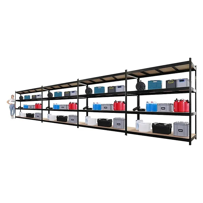 Proregal Schwerlastregal Mega Deal 4x HERCULES - H x B x T: 200 x 200 x 60 cm, Traglast pro Boden: 500 kg, Anzahl Böden: 4 Stk., Stecken, Schwarz - Eine lange, schwarze Metallregaleinheit mit einer Person zur Größenanzeige, bestückt mit diversen Aufbewahrungsbehältern und Kanistern.