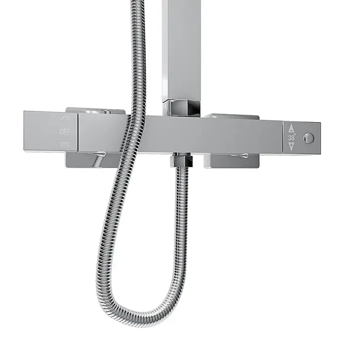 AcquaVapore Duschsystem Fertigdusche DA03 - Chrom - Polierte Chrom-Thermostat-Duscharmatur mit flexiblem Metallschlauch, 38°C Temperaturwahl und Brause-/Aus-Wähler.