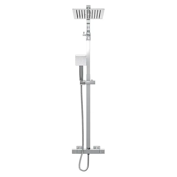 AcquaVapore Duschsystem Fertigdusche DA03 - Chrom - Silbernes Duschsystem mit quadratischem Regenduschkopf, Handbrause und flexiblem Schlauch, an Stange mit Thermostatmischer montiert.