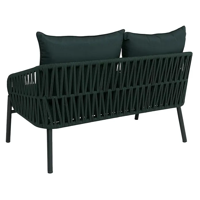 Proregal Loungesofa - Aluminium, Grün - Dunkelgrünes Zweisitzer-Sofa mit geflochtener Seil-Rückenlehne und Armlehnen, ergänzt durch passende Kissen und Metallbeine.