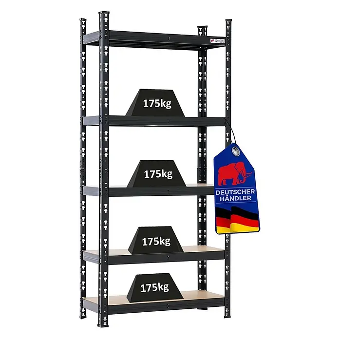 Proregal Schwerlastregal HERMES - H x B x T: 150 x 70 x 60 cm, Traglast pro Boden: 175 kg, Anzahl Böden: 5 Stk., Stecken, Schwarz - Schwarzes Metallregal mit fünf Holzablagen, jede belastbar bis 175kg.