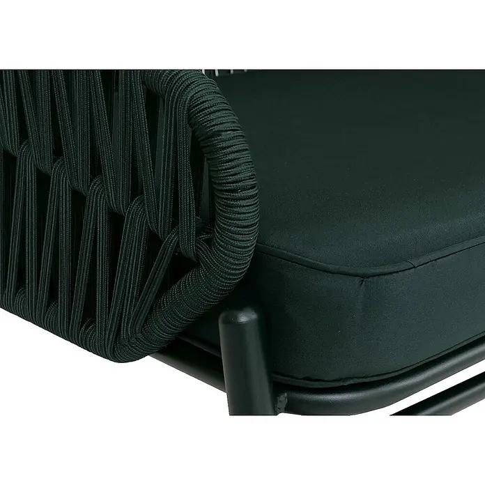 Proregal Loungesofa - Aluminium, Grün - Nahaufnahme eines dunkelgrünen Outdoor-Stuhls mit geflochtener Seillehne und Armlehne, sowie passendem Stoffkissen auf dunklem Metallrahmen.