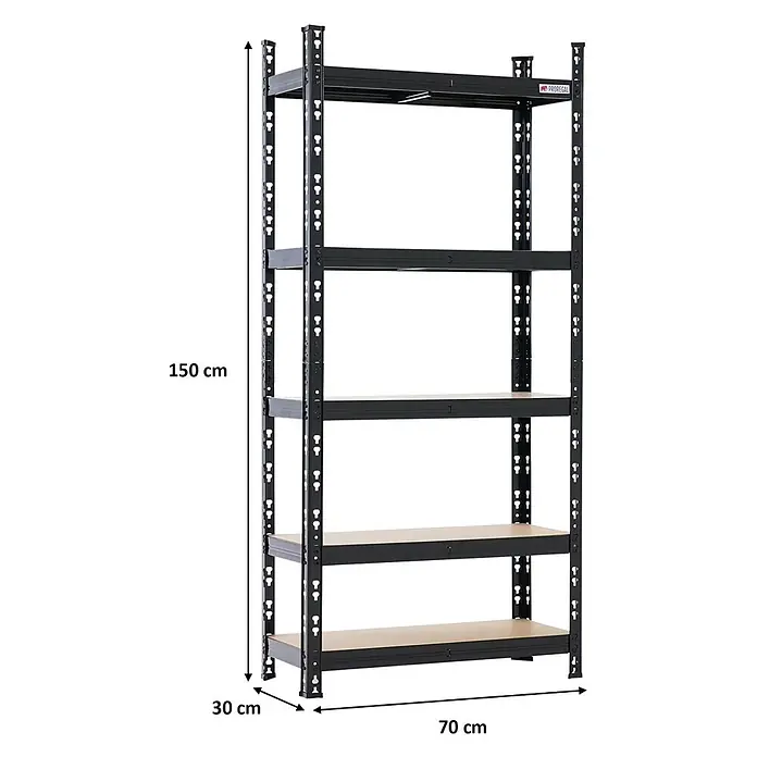 Proregal Schwerlastregal HERMES - H x B x T: 150 x 70 x 60 cm, Traglast pro Boden: 175 kg, Anzahl Böden: 5 Stk., Stecken, Schwarz - Schwarzmetall-Regal mit 5 Holzablagen. H150 x B70 x T30 cm, ideal für vielseitige Lagerung.