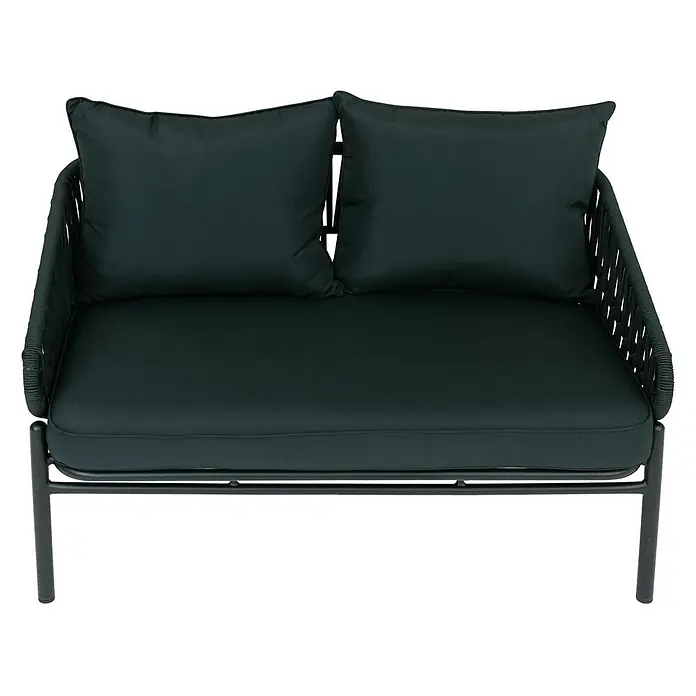 Proregal Loungesofa - Aluminium, Grün - Dunkelgrünes Zweisitzer-Outdoor-Sofa mit geflochtenen Armlehnen und schwarzem Metallgestell.