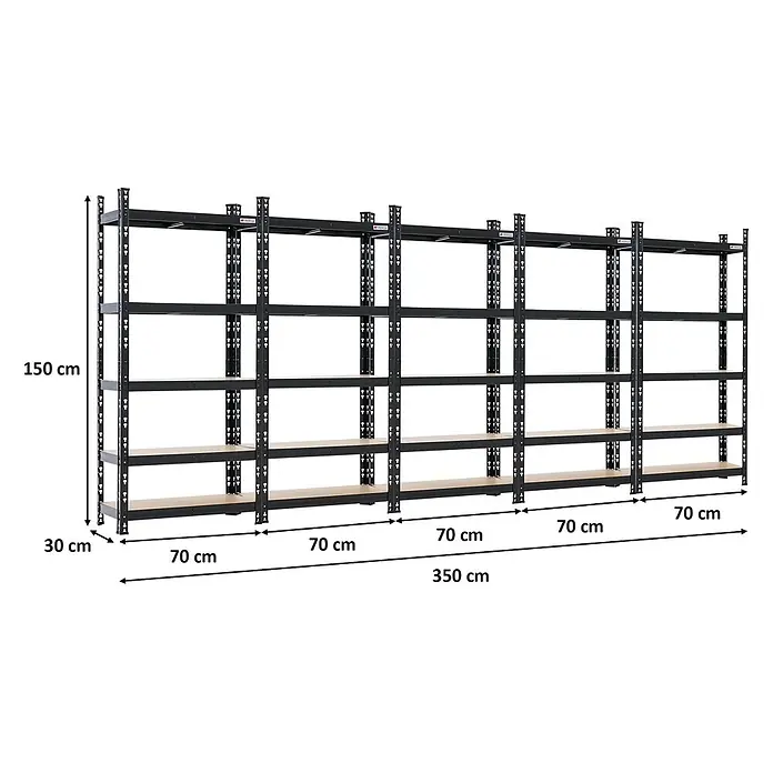 Proregal Schwerlastregal Mega Deal 5x HERMES - H x B x T: 150 x 70 x 60 cm, Traglast pro Boden: 175 kg, Anzahl Böden: 5 Stk., Stecken, Schwarz - Schwarzes Metallregal mit Holzbrettern, 150cm hoch, 30cm tief, 350cm breit. Ideal zur Lagerung.