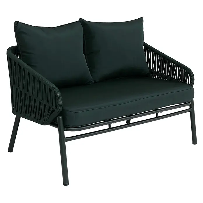 Proregal Loungesofa - Aluminium, Grün - Dunkelgrünes Outdoor-Zweisitzer-Sofa mit geflochtenen Seilseiten, Rückenlehne und dunklem Metallrahmen. Mit passenden Kissen.