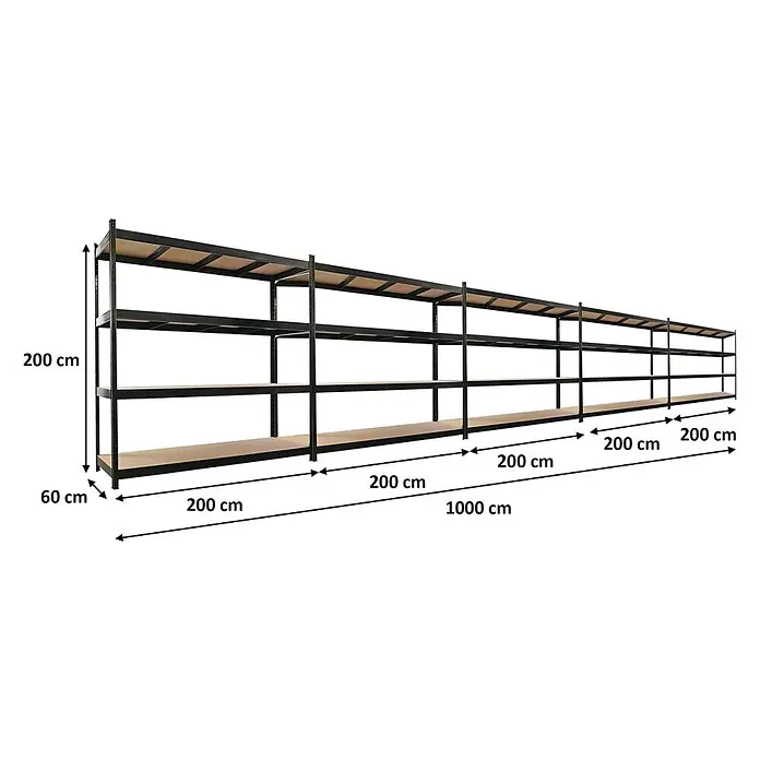 Proregal Schwerlastregal Mega Deal 5x HERCULES - H x B x T: 200 x 200 x 60 cm, Traglast pro Boden: 500 kg, Anzahl Böden: 4 Stk., Stecken, Schwarz - Langes, schwarzes Metallregal mit hellbraunen Holzablagen, 200 cm hoch, 60 cm tief und 1000 cm lang.