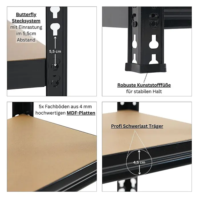 Proregal Schwerlastregal Mega Deal 3x HERMES - H x B x T: 150 x 70 x 60 cm, Traglast pro Boden: 175 kg, Anzahl Böden: 5 Stk., Stecken, Schwarz - Schwarzes Schwerlastregal mit verstellbaren MDF-Böden, Metallrahmen mit 5,5cm Abstand und robusten Kunststofffüßen für stabilen Halt.