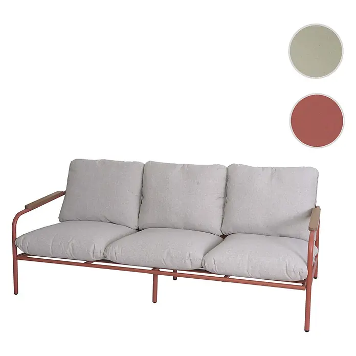 Proregal Loungesofa - Aluminium, Rot - Dreisitzer-Outdoor-Sofa mit terrakottafarbenem Metallrahmen, hellbeigen Stoffkissen und Holzarmlehnen.