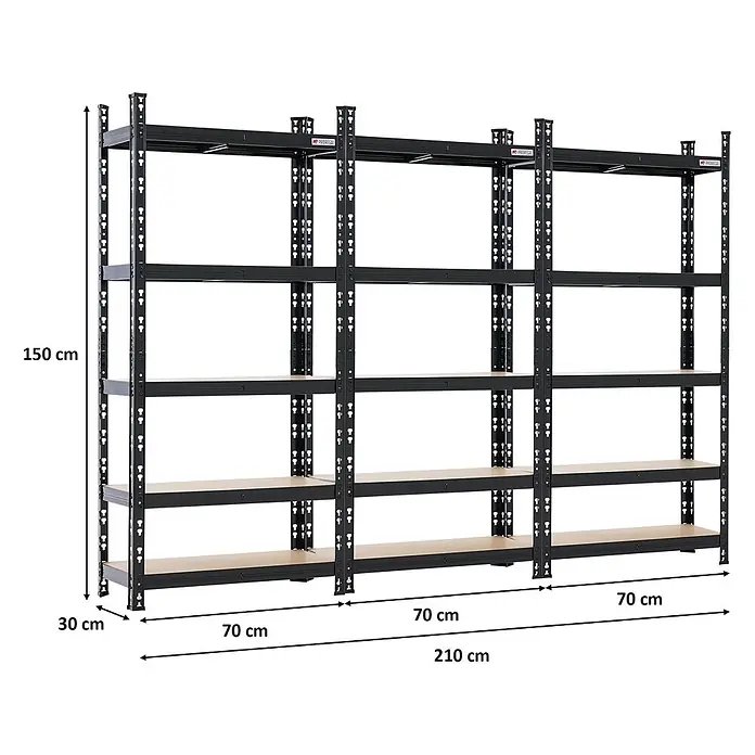 Proregal Schwerlastregal Mega Deal 3x HERMES - H x B x T: 150 x 70 x 60 cm, Traglast pro Boden: 175 kg, Anzahl Böden: 5 Stk., Stecken, Schwarz - Schwarzes Metallregal mit fünf verstellbaren Holzablagen, 150x210x30 cm. Ideal zur Lagerung.