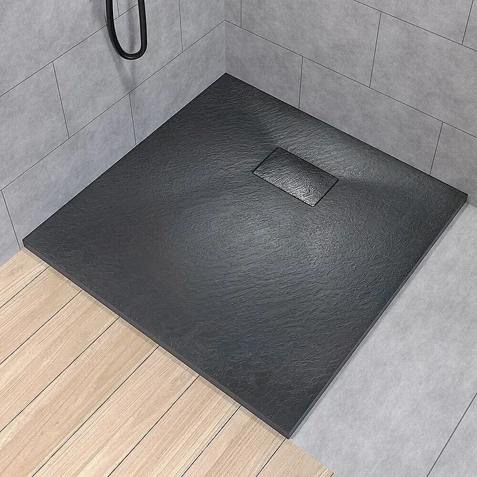 Bad Land Duschwannen-Set HELA+VIDAR Duschset 80x80 cm quadratisch Schwarz, mit Duschwanne - Kunststoff, Schwarz - Quadratische dunkelgraue strukturierte Duschwanne mit bündiger rechteckiger Ablaufrinne.