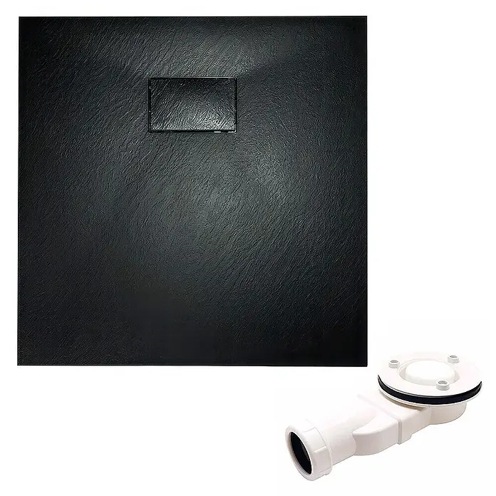 Bad Land Duschwannen-Set HELA+VIDAR Duschset 80x80 cm quadratisch Schwarz, mit Duschwanne - Kunststoff, Schwarz - Schwarze Duschwanne in Schieferoptik mit rechteckigem Abflussrost und weißem Duschablauf.