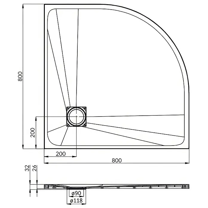 Bad Land Duschwannen-Set HELA+VIDAR Duschset 80x80 cm Viertelkreis Schwarz, mit Duschwanne - Kunststoff, Schwarz - Technische Zeichnung einer Viertelkreis-Duschwanne, 800x800mm, mit 90mm Ablauf und 26-32mm Randhöhe.