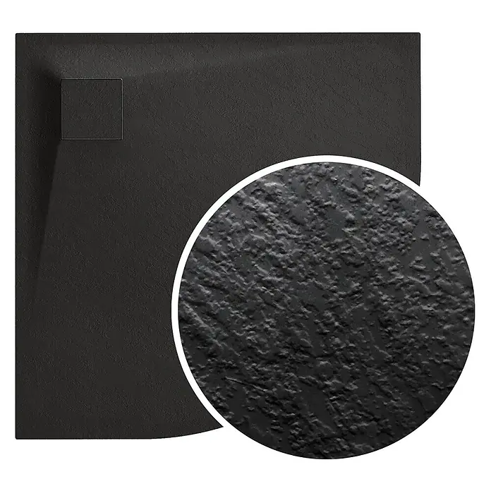Bad Land Duschwannen-Set HELA+VIDAR Duschset 80x80 cm Viertelkreis Schwarz, mit Duschwanne - Kunststoff, Schwarz - Anthrazitfarbene Duschwanne mit Struktur und quadratischem Ablauf, Nahaufnahme der schieferähnlichen Oberfläche.