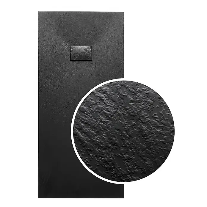 Bad Land Duschwanne VIDAR Duschwanne rechteckig 160x90x3,2 cm Schwarz, mit Ablaufgarnitur - Kunststoff, Schwartz - Schwarze strukturierte Duschwanne mit rechteckigem Abflussrost und Detailansicht der Textur.