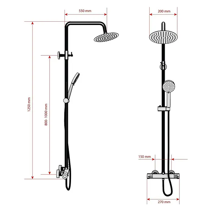 AcquaVapore Duschsystem Fertigdusche DA01 - Chrom - Technische Zeichnung einer Chrom-Duschsäule mit Kopf- und Handbrause, inklusive detaillierter Maße.