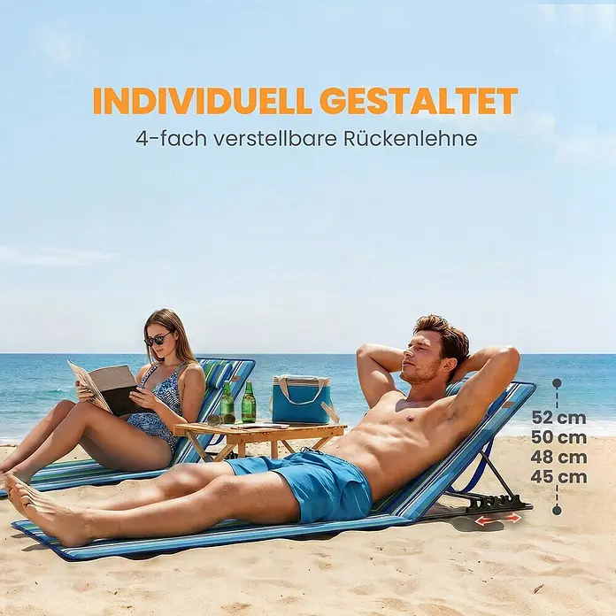 Outsunny Gartenliegen-Set - B x T: 57 x 154 cm, Grüm, Blau, Weiß, Polyester, Klappbar - Zwei Personen entspannen auf gestreiften, verstellbaren Strandliegen am Strand, mit 4-fach verstellbarer Rückenlehne und Höhenoptionen.