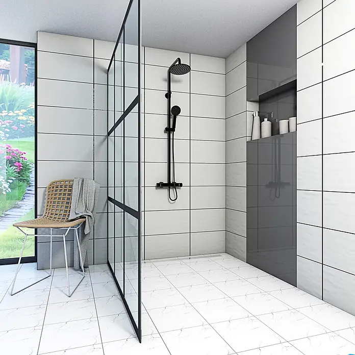 AcquaVapore Duschsystem Fertigdusche DA02 - Schwarz - Moderne Duschkabine mit schwarzen Armaturen, Glaswand, weißen Fliesen und dunkler Nische.