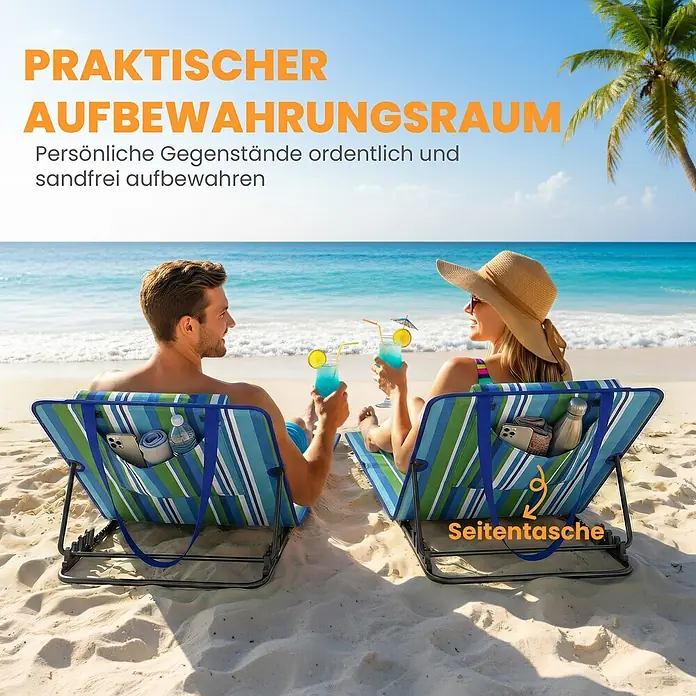Outsunny Gartenliegen-Set - B x T: 57 x 154 cm, Grüm, Blau, Weiß, Polyester, Klappbar - Gestreifte Strandstühle mit Seitentaschen am Strand, zur praktischen, sandfreien Aufbewahrung persönlicher Gegenstände.