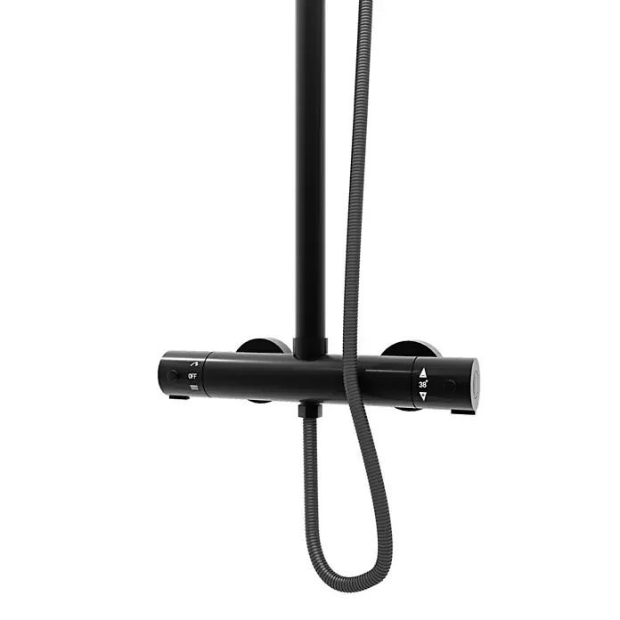 AcquaVapore Duschsystem Fertigdusche DA02 - Schwarz - Schwarze Thermostat-Duscharmatur mit integrierter Duschstange und Schlauch.