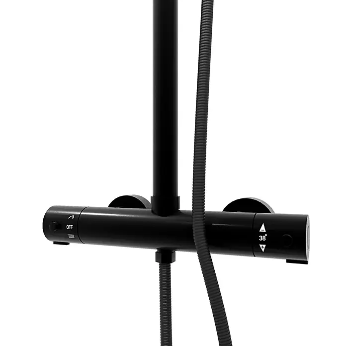 AcquaVapore Duschsystem Fertigdusche DA02 - Schwarz - Mattschwarze thermostatische Duscharmatur mit zwei Bedienknöpfen, integrierter Duschstange und geriffeltem Duschschlauch.