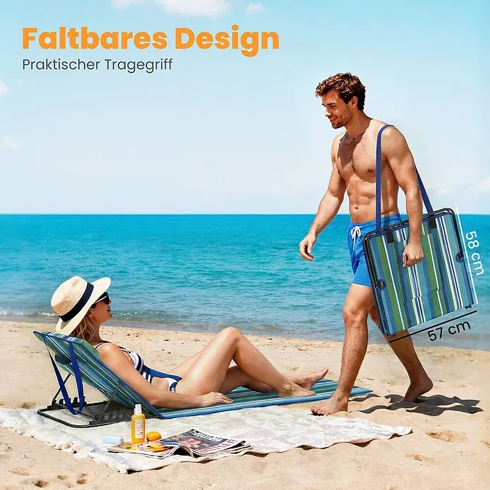 Outsunny Gartenliegen-Set - B x T: 57 x 154 cm, Grüm, Blau, Weiß, Polyester, Klappbar - Zusammenklappbare gestreifte Strandmatte/Liege in Blau, Grün und Weiß, von einer Frau am Strand genutzt und von einem Mann getragen.