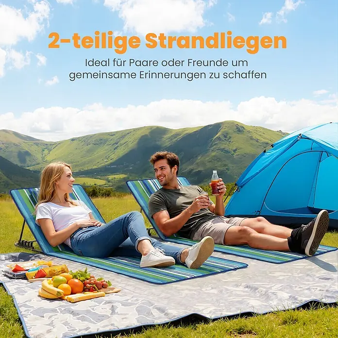 Outsunny Gartenliegen-Set - B x T: 57 x 154 cm, Grüm, Blau, Weiß, Polyester, Klappbar - Zwei gestreifte Strandliegen in Blau und Grün, von einem Paar zum Entspannen im Freien neben einem Zelt genutzt.