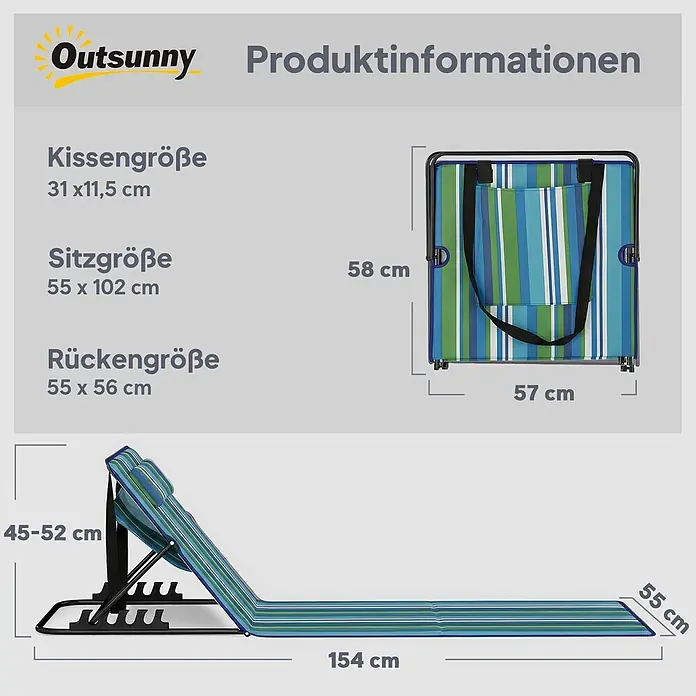 Outsunny Gartenliegen-Set - B x T: 57 x 154 cm, Grüm, Blau, Weiß, Polyester, Klappbar - Gestreifte Strandmatte/-stuhl in Blau-Grün mit verstellbarer Rückenlehne, zeigt Maße im gefalteten und ausgeklappten Zustand.