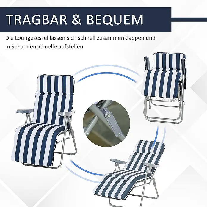 Outsunny Gartenliegen-Set 2er-Set - Blau, Weiß, Kunststoff, Rückenlehne verstellbar - Klappbarer blau-weiß gestreifter Liegestuhl, gezeigt ausgeklappt, zusammengeklappt und verstellbar, betont seine Tragbarkeit und anpassbare Ausführung.