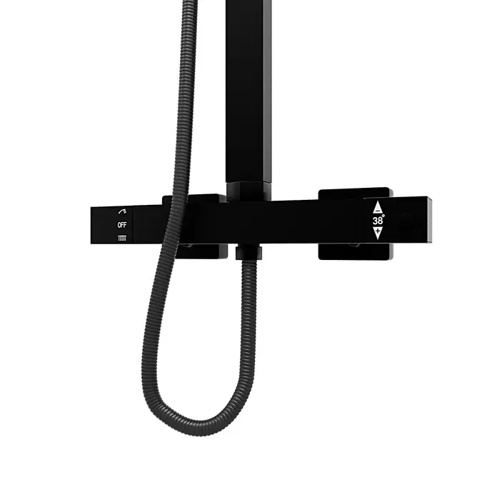 AcquaVapore Duschsystem Fertigdusche DA04 - Schwarz - Schwarze Duscharmatur mit geripptem Schlauch, Steuerung für Wasserfluss und 38°C Temperatureinstellung.