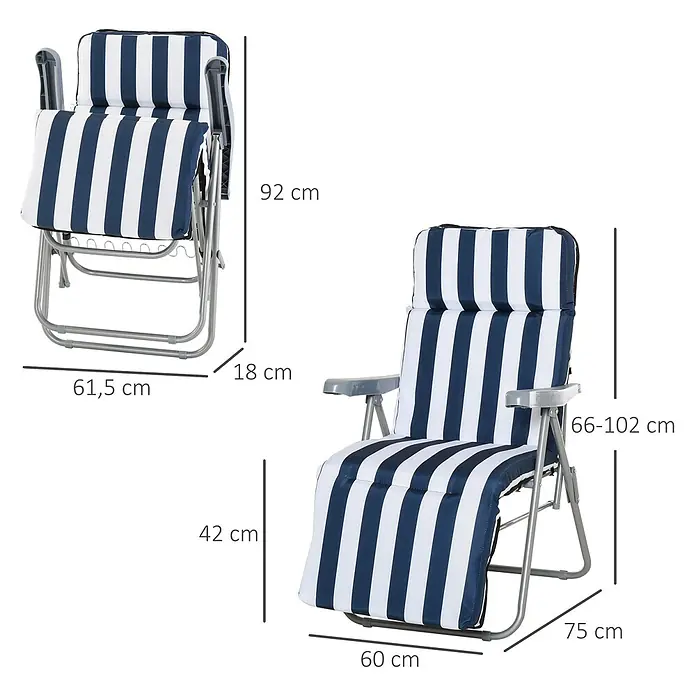 Outsunny Gartenliegen-Set 2er-Set - Blau, Weiß, Kunststoff, Rückenlehne verstellbar - Klappbarer Liegestuhl mit blau-weiß gestreiften Kissen und Metallrahmen, gefaltet und entfaltet mit Maßen dargestellt.