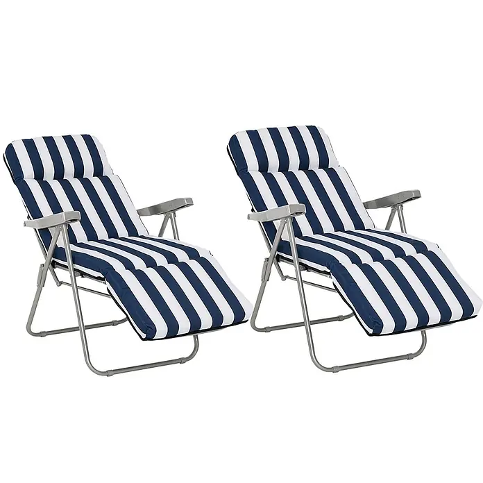 Outsunny Gartenliegen-Set 2er-Set - Blau, Weiß, Kunststoff, Rückenlehne verstellbar - Zwei blau-weiß gestreifte Liegestühle mit silberfarbenen Metallrahmen.