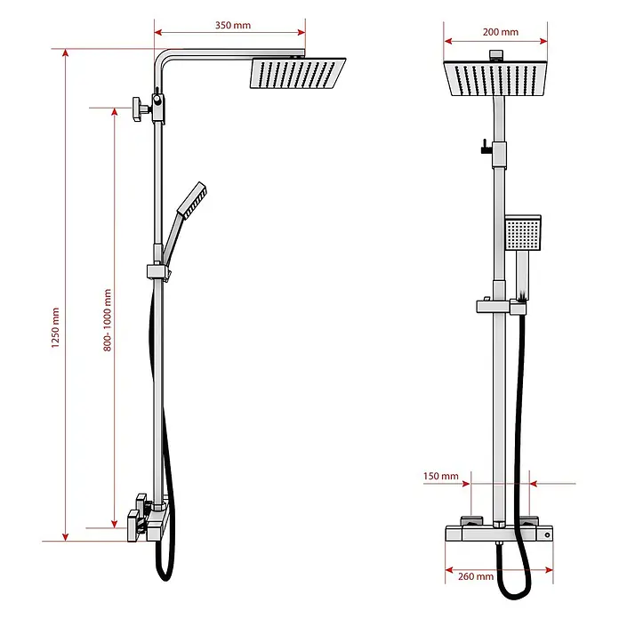 AcquaVapore Duschsystem Fertigdusche DA04 - Schwarz - Technische Zeichnung einer Duschsäule mit Kopf- und Handbrause, inklusive detaillierter Maße.