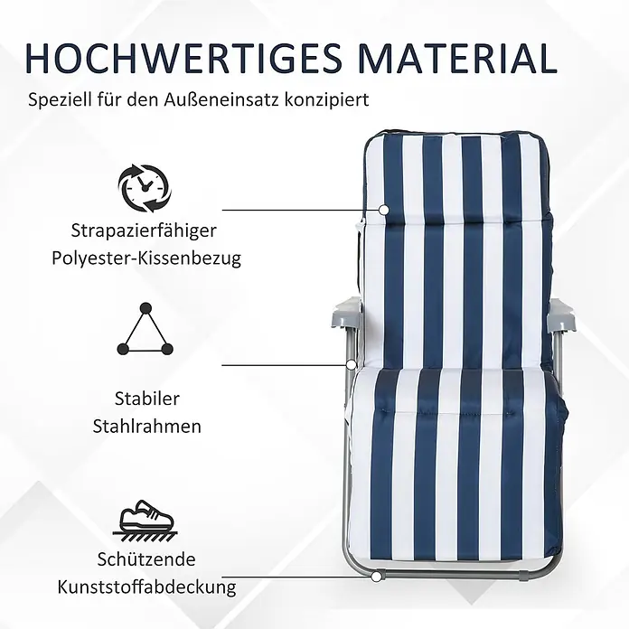 Outsunny Gartenliegen-Set 2er-Set - Blau, Weiß, Kunststoff, Rückenlehne verstellbar - Blau-weiß gestreifter Liegestuhl mit strapazierfähigem Polyester-Kissenbezug, stabilem Stahlrahmen und schützenden Kunststoffkappen für den Außeneinsatz.