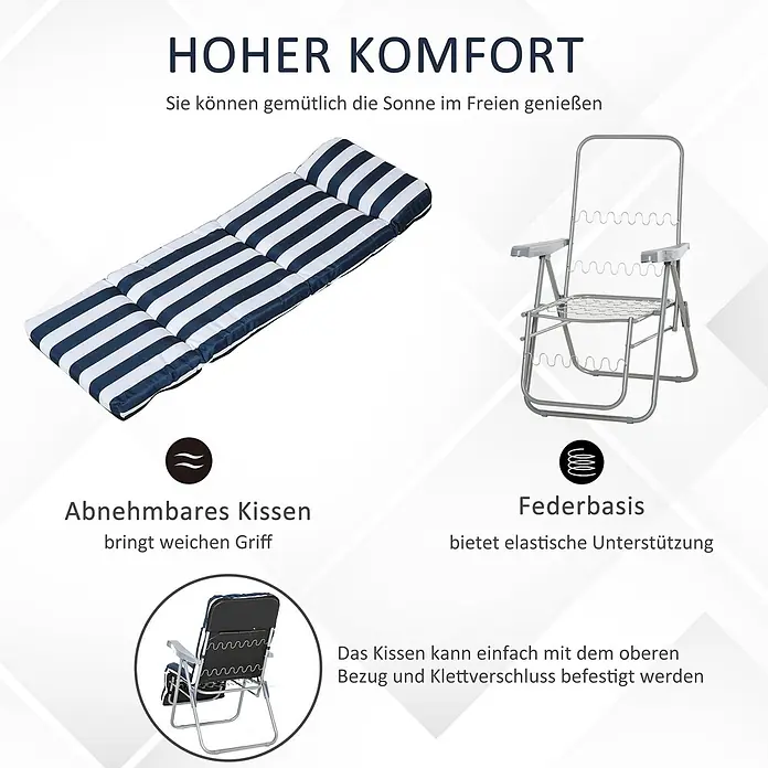 Outsunny Gartenliegen-Set 2er-Set - Blau, Weiß, Kunststoff, Rückenlehne verstellbar - Blau-weiß gestreiftes Kissen für einen silbernen Klappstuhl, abnehmbar und mit Federbasis für Komfort.