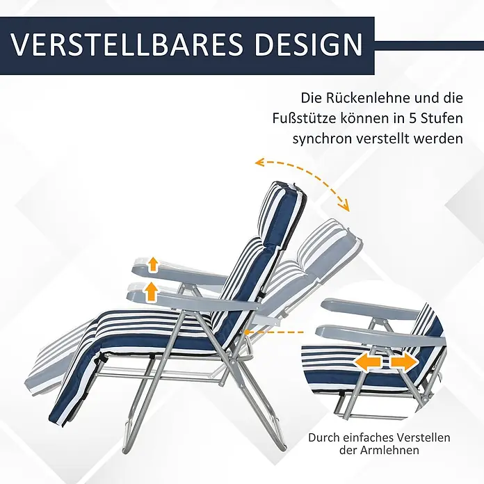 Outsunny Gartenliegen-Set 2er-Set - Blau, Weiß, Kunststoff, Rückenlehne verstellbar - Blau-weiß gestreifter Klappliegestuhl mit grauem Gestell, zeigt 5-stufige Verstellung von Rückenlehne und Fußstütze über Armlehnen.