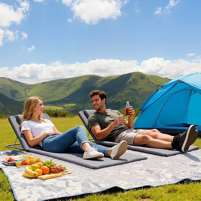 Outsunny Gartenliegen-Set - B x T: 134 x 134 cm, Grau, Stahl, Rückenlehne verstellbar - Zwei graue klappbare Outdoor-Liegen mit Personen, die darauf bei einem Picknick entspannen.